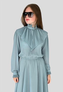 70's Blue Long Sleeve Ruffle Collar Vintage Midi Dress