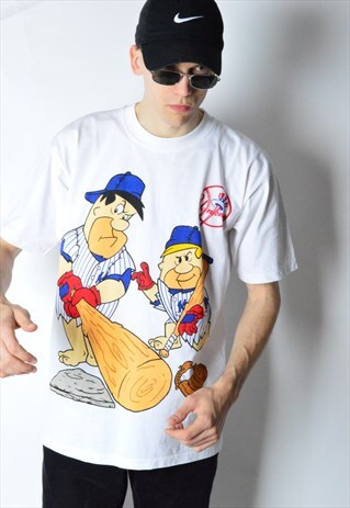 90S WHITE NEW YORK YANKEES BASEBALL THE FLINSTONES T-SHIRT