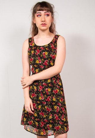 VINTAGE 90'S BLACK FLORAL DRESS GRUNGE