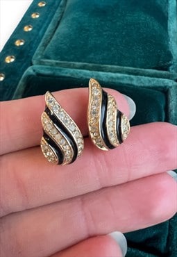 Vintage Dior earrings black gold tone diamante droplet