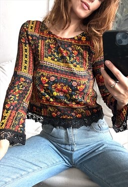 Crop Floral Top With Flared Sleeves - XS