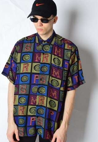 VINTAGE 80S COLOURFUL CHECK ABSTRACT SHORT SLEEVE SHIRT