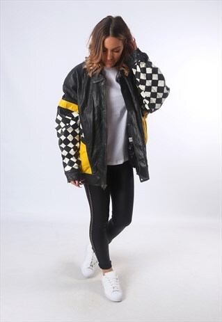 LEATHER BOMBER JACKET OVERSIZED RACING UK 18 - 20 (5AU)