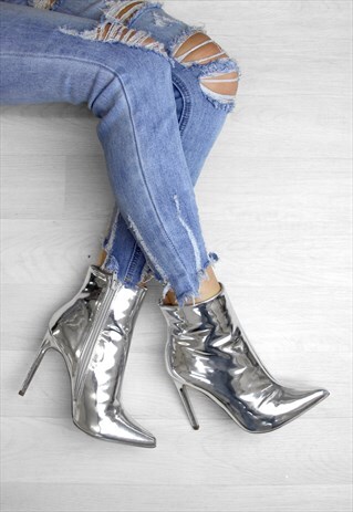 TASHA SILVER METALLIC POINTED TOE HEELED ANKLE BOOTS