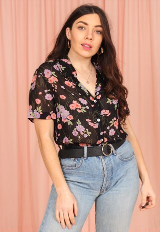 VINTAGE 80S BLACK SHEER BLOUSE WITH FLORAL PRINT