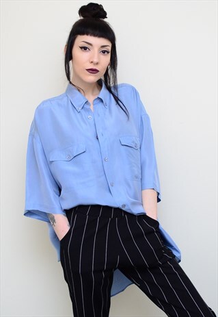 VINTAGE 90'S GENUINE SILK CORNFLOWER BLUE OVERSIZED SHIRT