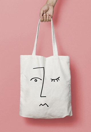 FACE LINE DRAWING PRINT COTTON TOTE BAG SHOPPER BLACK WHITE