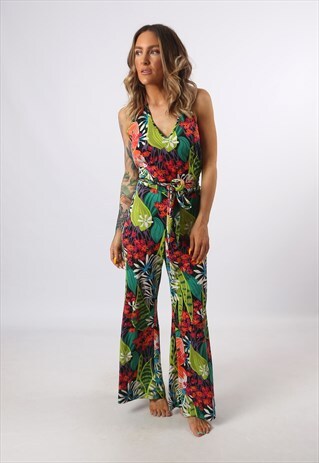 JUMPSUIT HALTER NECK FLORAL WIDE LEG VINTAGE UK 12 (DG3M)