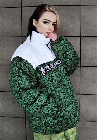 SNAKE PRINT BOMBER PYTHON PUFFER JACKET IN GREEN WHITE