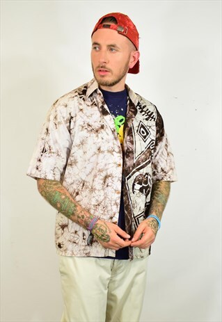 VINTAGE 90S TIE DYE BROWN WHITE FESTIVAL PRINT SHIRT