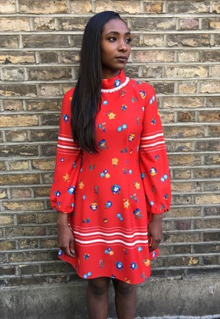 1970'S RED FLORAL DRESS