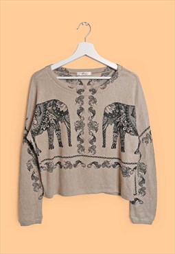 Vintage 90's Boho Elephants Print Soft Knit Crop Sweater