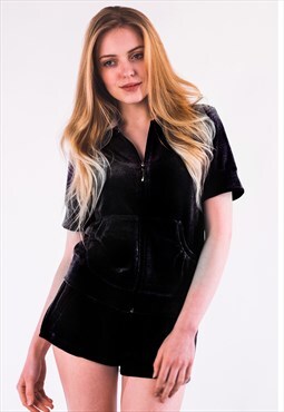 Velour Tracksuit Set in black Top and Shorts