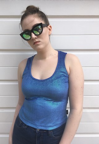 WOMENS VINTAGE 90S VERSACE VEST FESTIVAL BLUE SPARKLY TOP