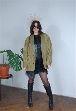 Vintage 80's baggy suede leather coat jacket unisex in khaki