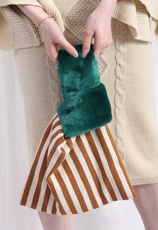 (KOREAN) STRIPED FABRIC BAG WITH FURRY HANDLE