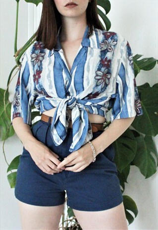 VINTAGE 70S OVERSIZED BLUE STRIPE AND FLORAL SHIRT