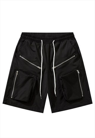 Cargo pocket utility shorts extreme zipper crop pants black