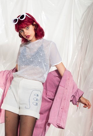 VINTAGE LACE TOP 70S BUTTON BACK MADEIRA LACE WHITE BLOUSE