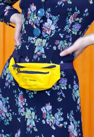 VINTAGE 90S BUM BAG BRIGHT YELLOW NAVY BLUE ACROSS BODY