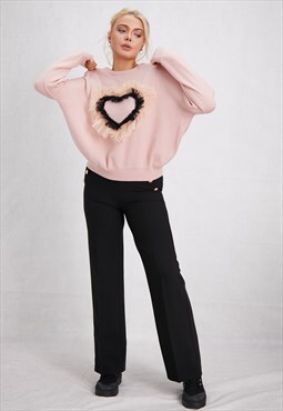 Pink Long Sleeve Heart Printed Jumper ONE SIZE (FIT 10 TO 14