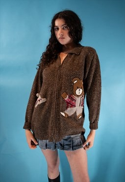 Vintage 1980s Size L Teddy Bear Knit Cardigan in Brown.