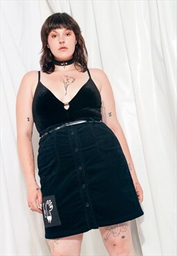 Reworked Skirt Y2K Button Front Black Cord FINE Patch Mini