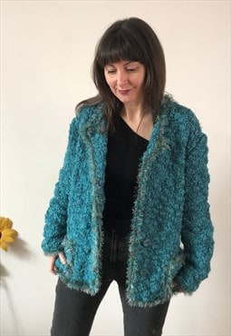 Vintage 80s Teal Chunky Knit Cardigan 