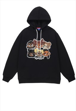 Anime hoodie cartoon patch pullover Y2K raver top in black