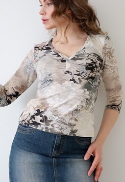 90s Vintage Floral Graphic Ruched Top Fairycore Whimsical 