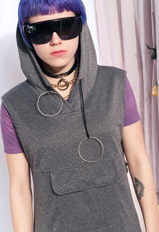 VINTAGE RAVE DRESS Y2K HOODED GREY CARGO DRESS SILVER LOOPS