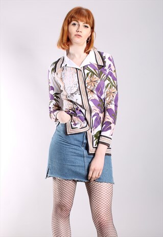 VINTAGE 70S TROPICAL FLORAL POINTY COLLAR BLOUSE TOP