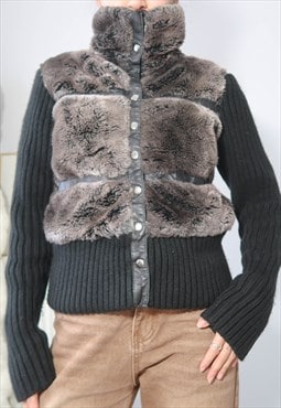 vintage y2k faux fur ribbed crop jacket