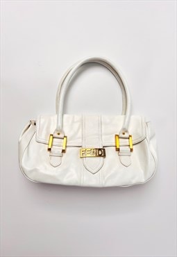 Fendi Handbag Shoulder Bag Baguette White Leather Gold Logo 