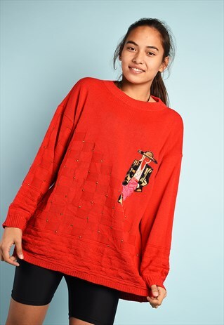 VINTAGE 80S GRAPHIC PATTERN APPLIQUE EMBROIDERED KNIT JUMPER