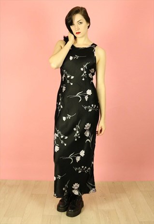 VINTAGE 90S FLORAL BLACK SATIN LONG MAXI EVENING DRESS