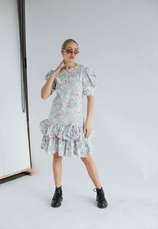 VINTAGE 80S FRILL HEM PASTEL FLORAL PRINTED MIDI DRESS XS