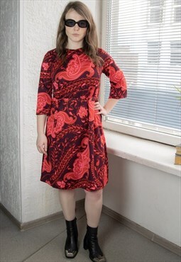 Vintage 70's Red Midi Floral Print Bohemian Stretchy Dress