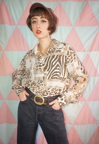 VINTAGE 90S LEOPARD / ZEBRA / BAMBOO PRINT LONG SLEEVE SHIRT