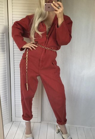 RARE VINTAGE 70S RED THICK COTTON JUMPSUIT /BOILER-SUIT