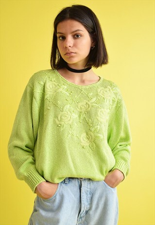 80'S FLORAL EMBROIDERY OVERSIZED MOM KNITTED JUMPER TOP