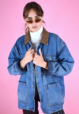 VINTAGE 90S DENIM JACKET WINTER CORDUROY COLLAR WARM LINING