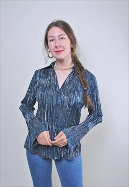Vintage multicolor blue blouse, retro bright colors shirt