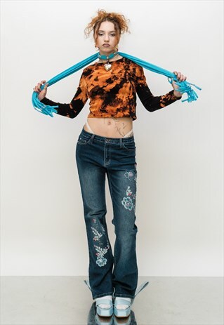 Vintage Y2K hot sparkly floral embroidery jeans in blue