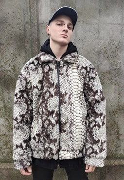 Python fleece jacket faux fur coat snake print bomber cream
