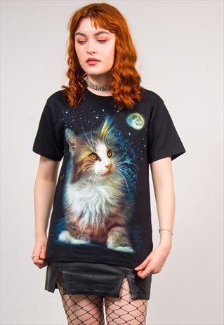 VINTAGE 90'S BLACK CAT & MOON PRINT CELESTIAL T-SHIRT