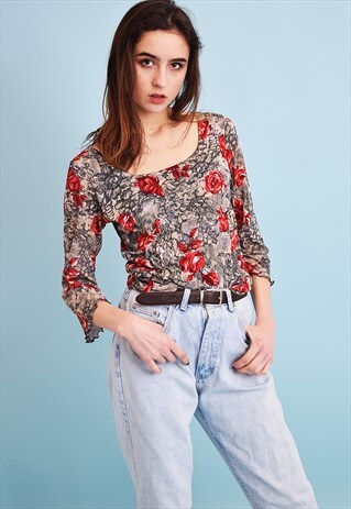 90'S RETRO FLORAL PRINT KITSCH MESH TOP BLOUSE