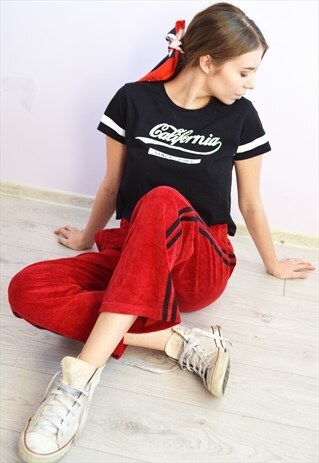 VINTAGE 90'S VELVET RED SPORTS TROUSERS PANTS