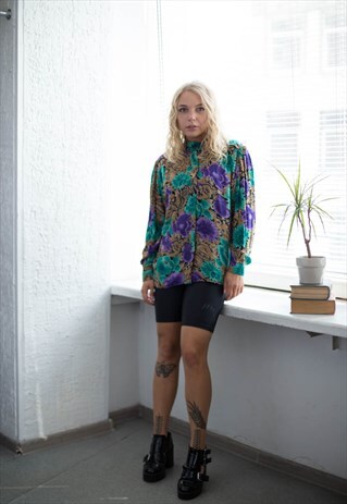 VINTAGE 70'S FLOWER PRINT HIGH COLLAR BLOUSE