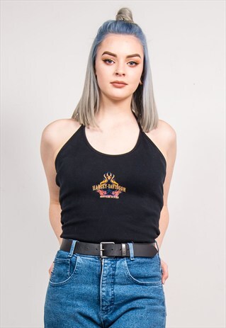 90'S VINTAGE BLACK HARLEY DAVIDSON HALTER NECK TOP T-SHIRT